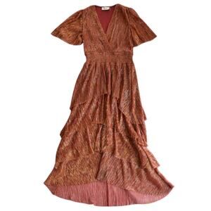 Dress Forum Metallic Rust Ruffle High-Low Maxi Dress (Size Small)